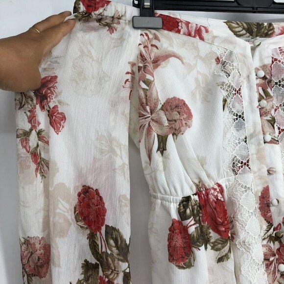 NWT Guess White & Red Floral Long sleeve Button Up Smocked Waist Cold Shoulder S - Picture 5 of 16